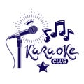 Nightclub karaoke advertising poster composed with stage or recorder microphone vector illustration and musical notes. Superstar