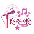 Nightclub karaoke advertising poster composed with stage or recorder microphone vector illustration and musical notes. Superstar