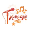 Nightclub karaoke advertising poster composed with stage or recorder microphone vector illustration and musical notes. Superstar