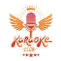 Nightclub karaoke advertising poster composed with winged stage microphone vector illustration and royal crown placed on it.