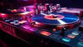 Nightclub party, mixing beats, spinning turntables, illuminated disco generated by AI