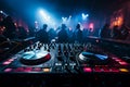 In the nightclub\'s heart, the DJ mixer table orchestrates the nocturnal symphony.