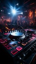 In the nightclub\'s heart, the DJ mixer table orchestrates the nocturnal symphony.