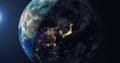 Nightfall in eastern Asia, Bright lights of the night cities of Japan, China and Korea on a satellite map. Earth globe Royalty Free Stock Photo