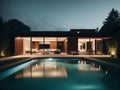 Nightfall Retreat: Illuminated Luxury in Modern Poolside Living Royalty Free Stock Photo