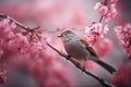 Nightingale Amidst Pink Cherry Blossoms Hopping in Nature\'s Symphony. Generative Ai.