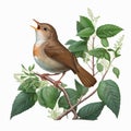 The nightingale bird sings sitting on a green branch, close-up isolated on white,