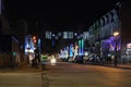 Nightlife downtown in winter time. Night illumination, Christmas decorations, empty streets. Montreal,