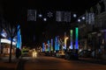 Nightlife downtown in winter time. Night illumination, Christmas decorations, empty streets. Montreal,