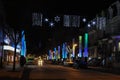 Nightlife downtown in winter time. Night illumination, Christmas decorations, empty streets. Montreal,