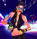 Nightlife girl posing on city street with motion blur, music speaker gloves Royalty Free Stock Photo