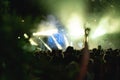 Nightlife in Vienna silent disco festival, crowd with lightshow and colorful smoke, Austria