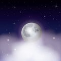 Nightly background with moon over clouds on starry sky