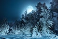 Nightly landscape with fir forest snow and full moon.