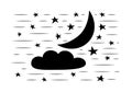 Nightly sky. Moon, clouds and star. Vector