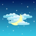 Nightly sky. Moon, clouds and star. Vector