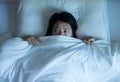 Nightmare or bad dream,Asian woman with scare and panic while lying down under the blanket in bedroom