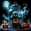 Nightmare creepy little ghost in glass jar on halloween night Royalty Free Stock Photo