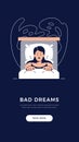 Nightmare disorder banner. Scared woman is lying in bed and being afraid of ghost, waking up from a nightmare. Sleeping