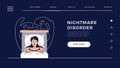 Nightmare disorder web template. Scared woman is waking up from a nightmare and lying in bed and being afraid of ghost