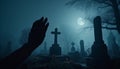 zombie moon creepy night hand horror monster fear cemetery halloween. Generative AI.