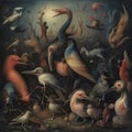 Nightmare, horror, halloween background, fabulous fantastic scary terrible animals, birds, fish, insects, moon,