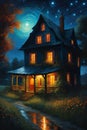 Nightmare mysterious vivid house, starry sky, fairy night, stars, illustration