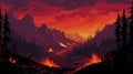 Nightmarish 8-bit Landscape: Fiery Volcanoes In Whistlerian Style