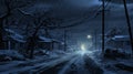 Nightmarish Snowy Road With Power Lines - Realistic Brushwork And Volumetric Lighting