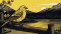 Nightmarish Yellow Bird Perched By A Mountain Stream In Woodcut-inspired Style Royalty Free Stock Photo