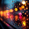 Nights abstract ambiance window, blurred lights, and colorful raindrops Royalty Free Stock Photo