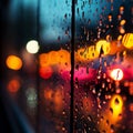 Nights abstract ambiance window, blurred lights, and colorful raindrops Royalty Free Stock Photo