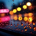 Nights abstract ambiance window, blurred lights, and colorful raindrops Royalty Free Stock Photo