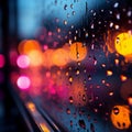 Nights abstract ambiance window, blurred lights, and colorful raindrops Royalty Free Stock Photo