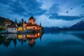 Nightscape of amazing Oberhofen castle on Lake Thun, Switzerland