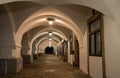 Nightscape of illuminated arcade in renaissance building on Husovo square, Nove Mesto nad Metuji, Czech Republic