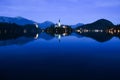 Nightscape of Lake Bled with Alps at background and blue water