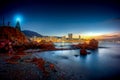 Nightscape, skyline of beach at Sam Ka Tsuen, Lei Yue Mun, Yau Tong with lighthouse and residential buildings, East Kowloon