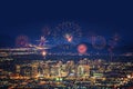 Nightscape of Phoenix (Arizona, USA) with fireworks Royalty Free Stock Photo