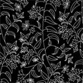 Nightshade. Floral decorative pattern. Seamless pattern of white outline on a black background