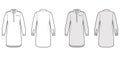 Nightshirt dress Sleepwear Pajama technical fashion illustration with knee length, classic henley collar, long sleeves