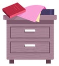 Nightstand with books. Wooden bedroom side table with drawers