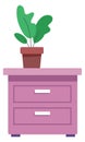 Nightstand with green plant. Wooden dresser. Drawer chest
