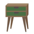 A nightstand isolated on a white background. A brown bedside table with green drawers .