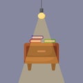 Nightstand vector icon. The lamp above the bedside table. Light in the room. Books on the nightstand. Illuminated Royalty Free Stock Photo