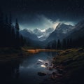 Nighttime Aconcagua Landscape With Pine Trees, Lake, And River