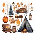 Nighttime Adventure Autumn Fall watercolor illustration Royalty Free Stock Photo