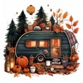 Nighttime Adventure Autumn Fall watercolor illustration Royalty Free Stock Photo