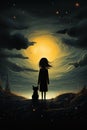 Nighttime Adventures: A Whimsical Tale of a Girl, Her Dog, and S Royalty Free Stock Photo