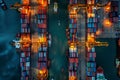 Nighttime Aerial View of Shipping Containers. Generative AI Royalty Free Stock Photo